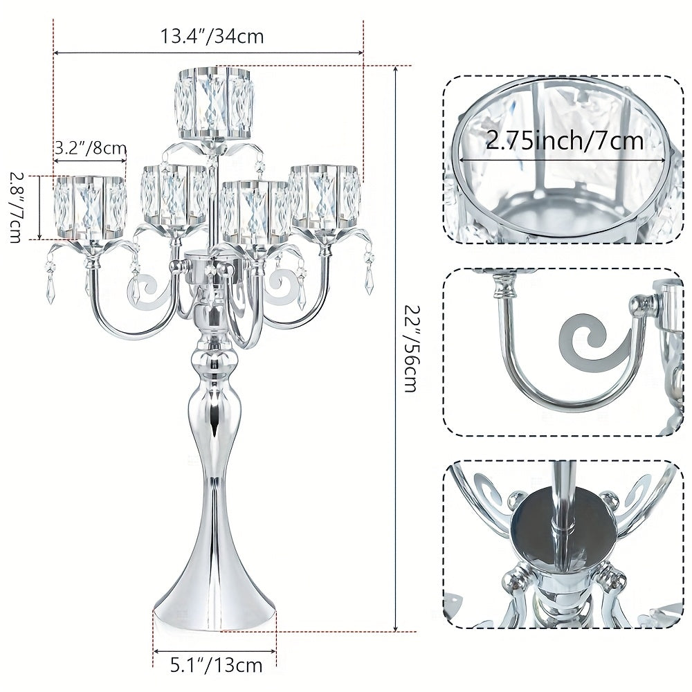 Elegant 5-Bar 22-Inch Metal Crystal Candle Holder Centerpiece with Sparkling Pendants - Luxury Tabletop Decor for Weddings, Christmas, Parties & Home Decoration