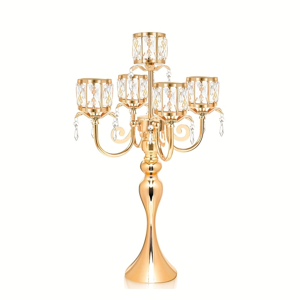 Elegant 5-Bar 22-Inch Metal Crystal Candle Holder Centerpiece with Sparkling Pendants - Luxury Tabletop Decor for Weddings, Christmas, Parties & Home Decoration