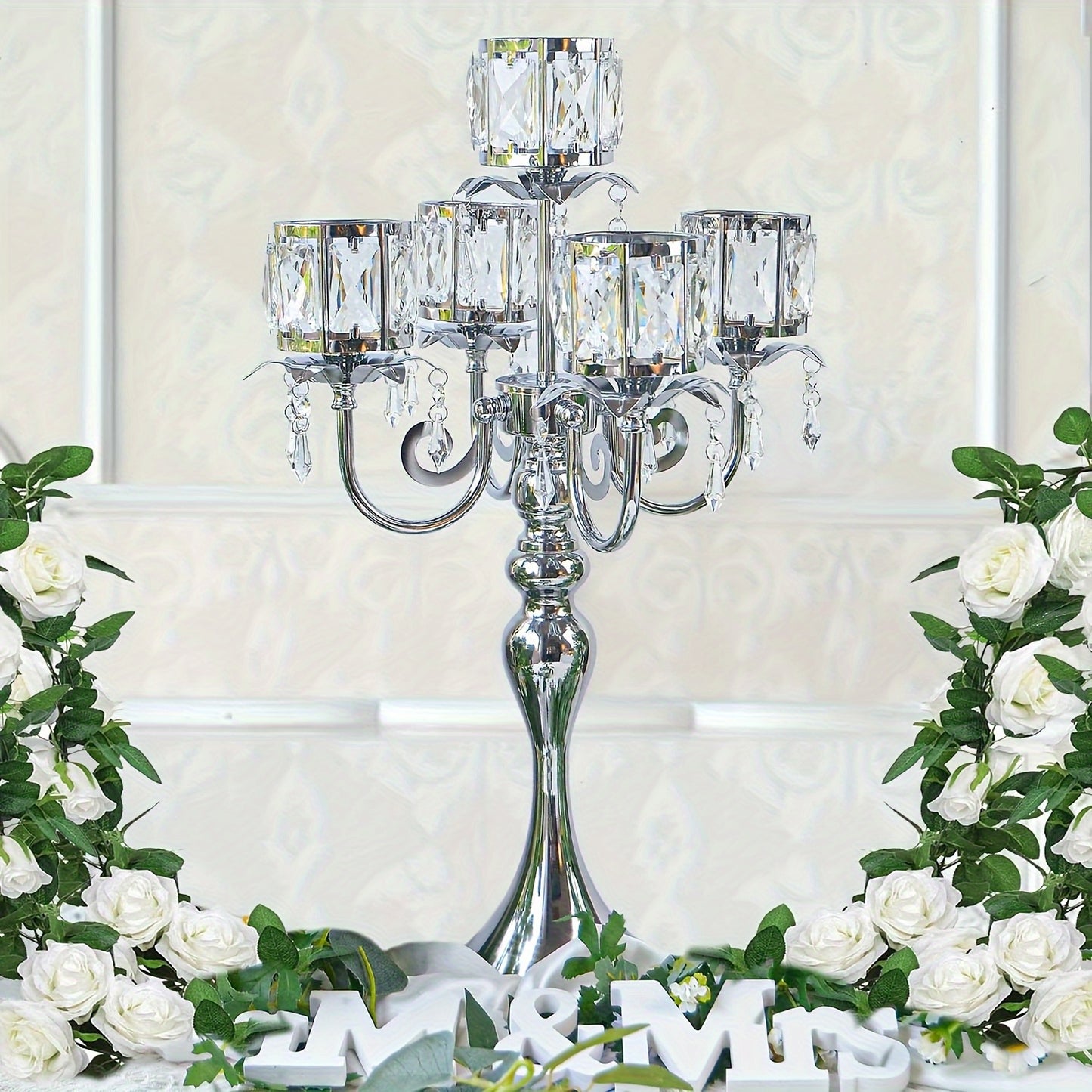 Elegant 5-Bar 22-Inch Metal Crystal Candle Holder Centerpiece with Sparkling Pendants - Luxury Tabletop Decor for Weddings, Christmas, Parties & Home Decoration