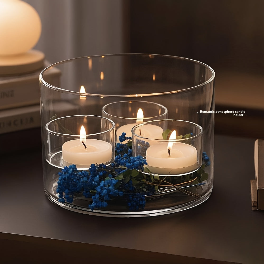 Cylinder Clear Glass Candle Holder - Modern Minimalist Table Centerpiece for Dining, Wedding, Anniversary Decor