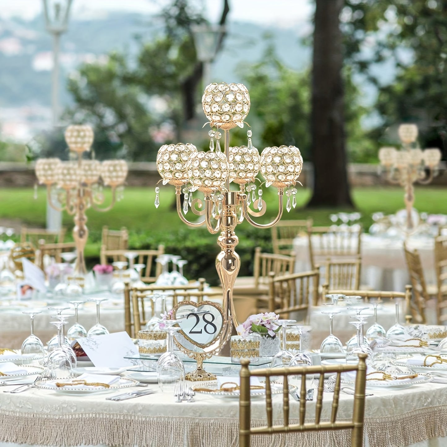 1pc/2pcs 5-arm Golden/Silvery Crystal Candle Holder, Wedding Centerpiece Decoration 22.5-inch Center Candlestick Table Top Candle Holder