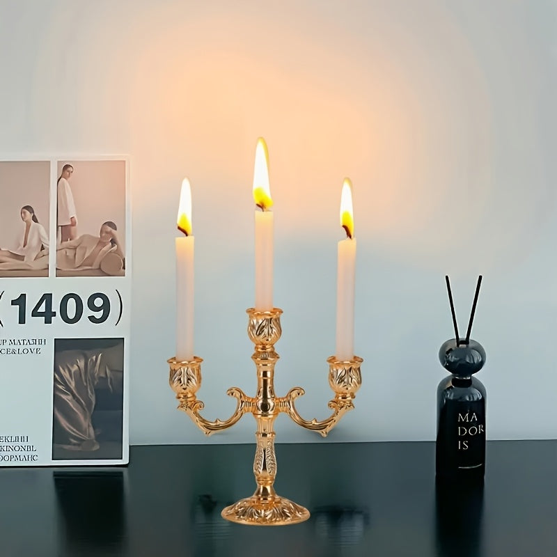 Golden Luxury Candle Holder, Elegant 3-Arm European Cone-Shaped Candelabra for Home Dining Table, Wedding Centerpiece, Christmas Gift (Candles Not Included)