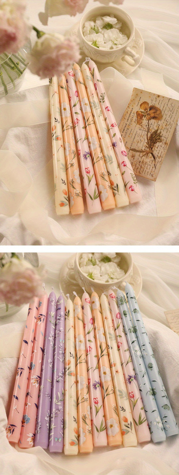 2-Pack 24.99cm European Floral Print Long Candle Sticks, Smokeless Wax Candles for Romantic Dinner, Wedding, Holiday, Birthday, Home Decor, Round with Sparkle