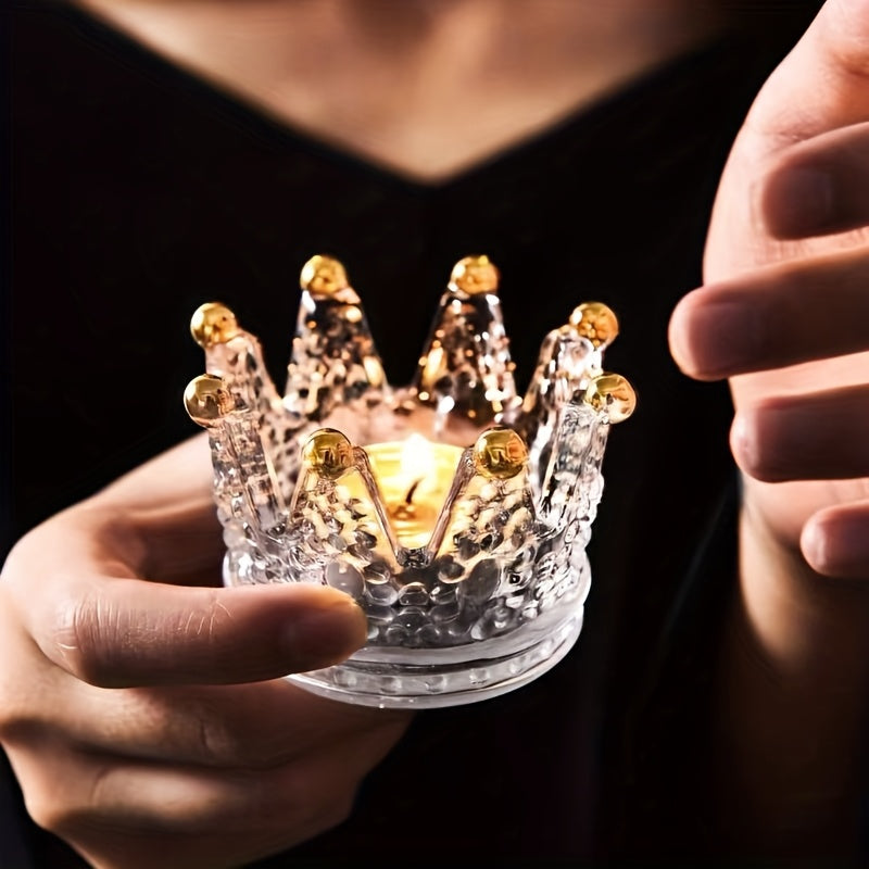 4pcs Transparent Gold-Trace Glass Small Round Crown Candlestick Set