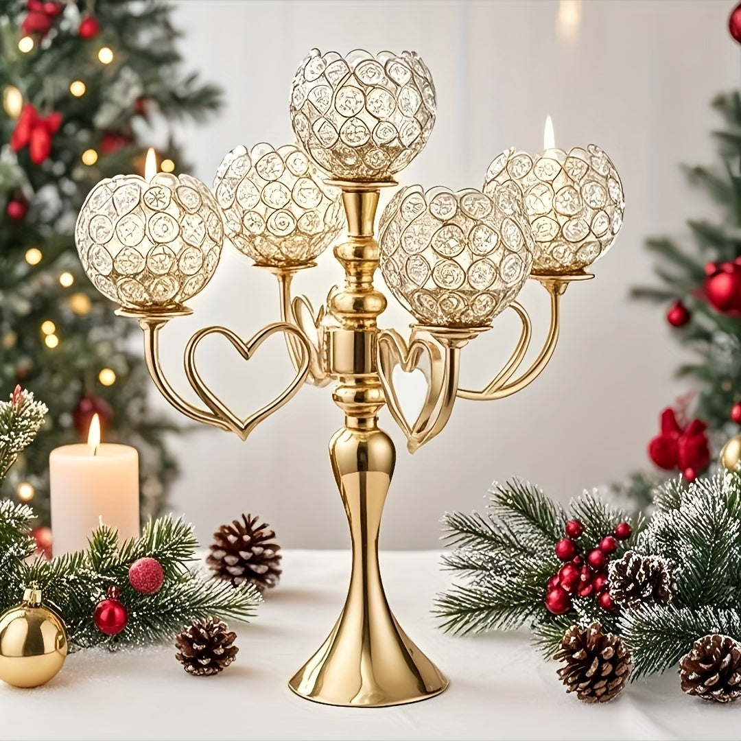 1pc Elegant 5-Arm Metal Candle Holder with Heart Design - Romantic Golden & Silver Finish, Perfect for Weddings, Christmas, Graduations, Birthdays