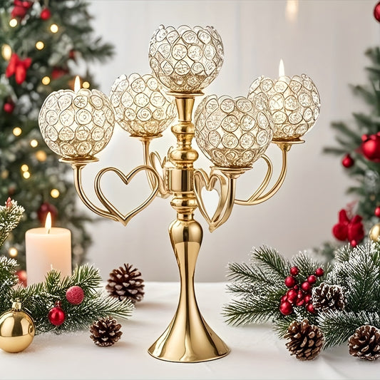 1pc Elegant 5-Arm Metal Candle Holder with Heart Design - Romantic Golden & Silver Finish, Perfect for Weddings, Christmas, Graduations, Birthdays