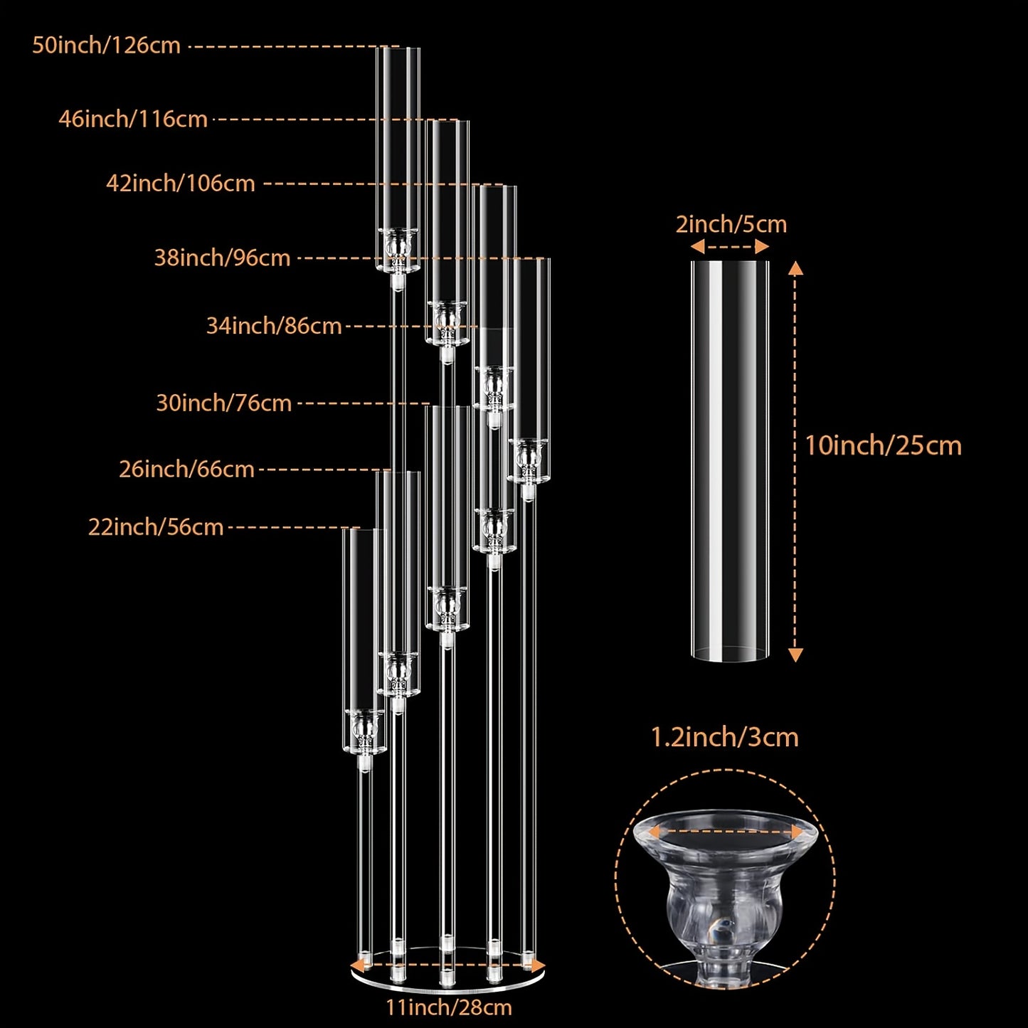 1 Set of 8 Arm 50 Inch (Approximately 127cm) Tall Acrylic Candle Holder Centerpiece, Transparent Candle Holder Suitable for Wedding Party and Home Decor