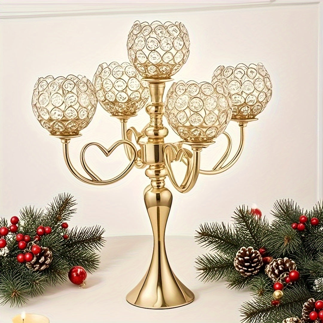 1pc Elegant 5-Arm Metal Candle Holder with Heart Design - Romantic Golden & Silver Finish, Perfect for Weddings, Christmas, Graduations, Birthdays