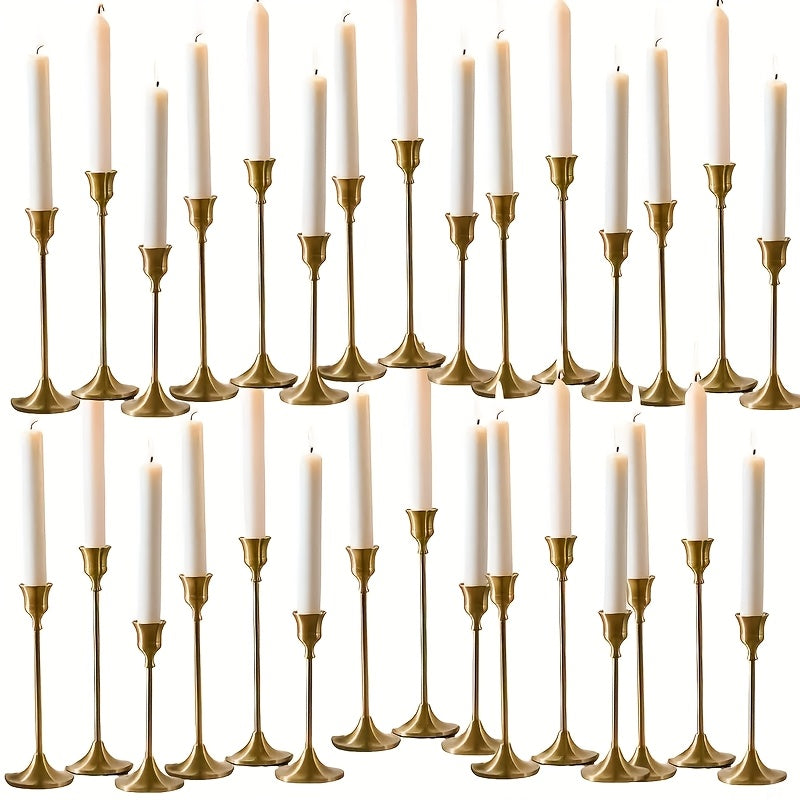 30pcs Elegant Golden Candle Holders, Taper Candles, Antique Brass Candlesticks Suitable for Birthday, Wedding, Fireplace Party Dining Home Anniversary Decorations