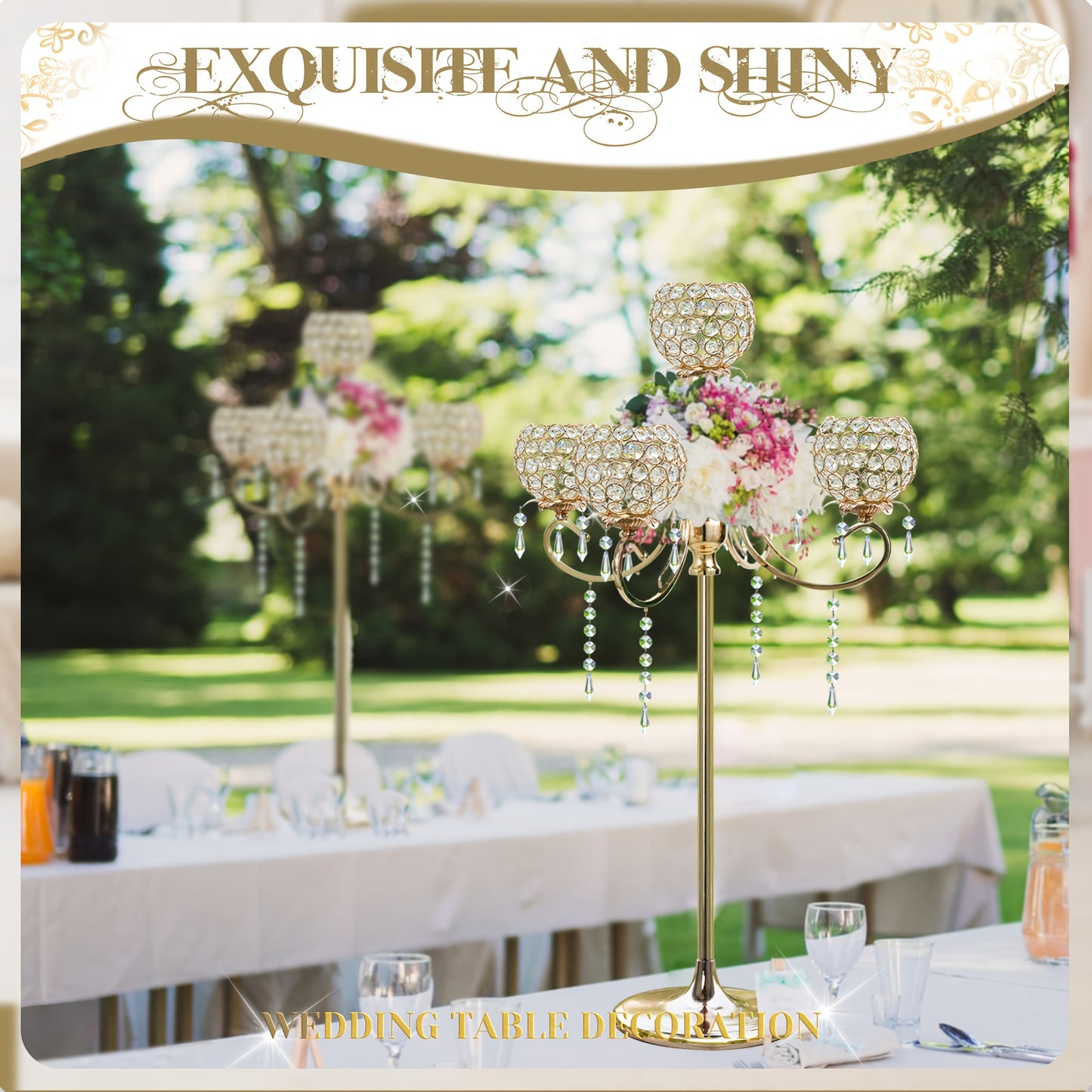1pc 127.0cm Adjustable Height Metal Crystal Tealight Candlestick Holder with Crystal Bowl Accents & Pendants