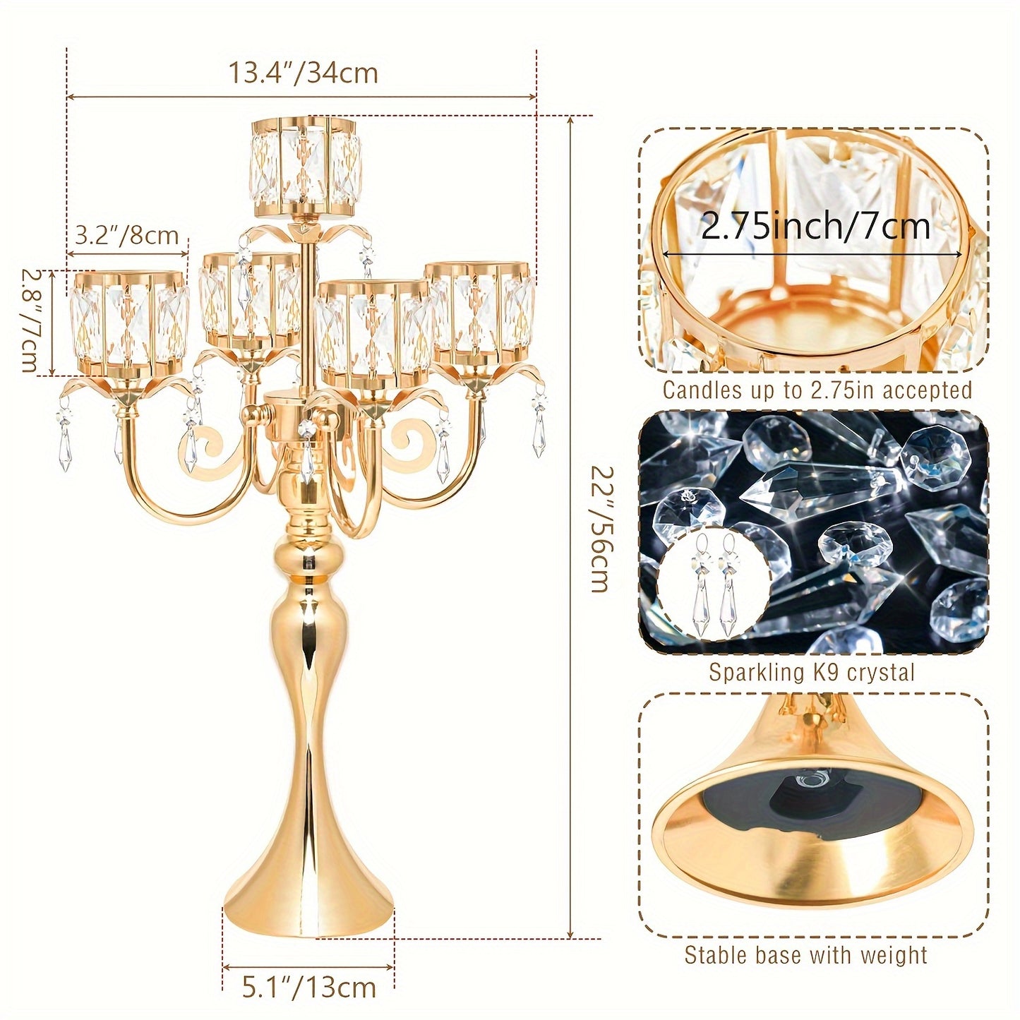 Elegant 5-Bar 22-Inch Metal Crystal Candle Holder Centerpiece with Sparkling Pendants - Luxury Tabletop Decor for Weddings, Christmas, Parties & Home Decoration