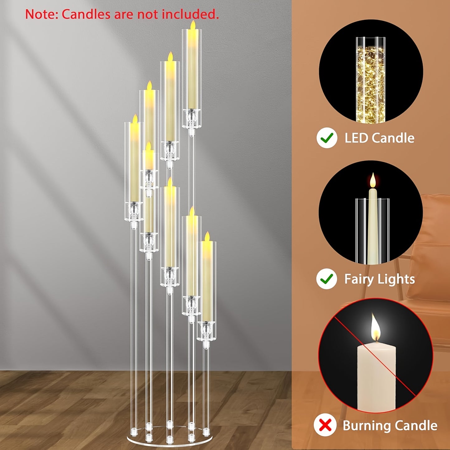 1 Set of 8 Arm 50 Inch (Approximately 127cm) Tall Acrylic Candle Holder Centerpiece, Transparent Candle Holder Suitable for Wedding Party and Home Decor