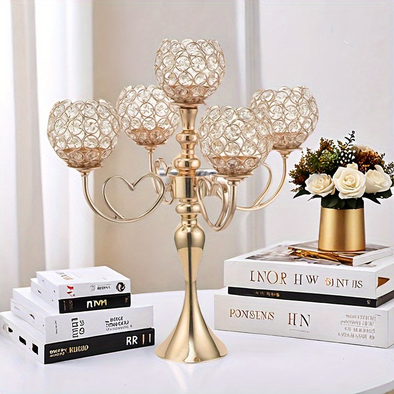 1pc Elegant 5-Arm Metal Candle Holder with Heart Design - Romantic Golden & Silver Finish, Perfect for Weddings, Christmas, Graduations, Birthdays