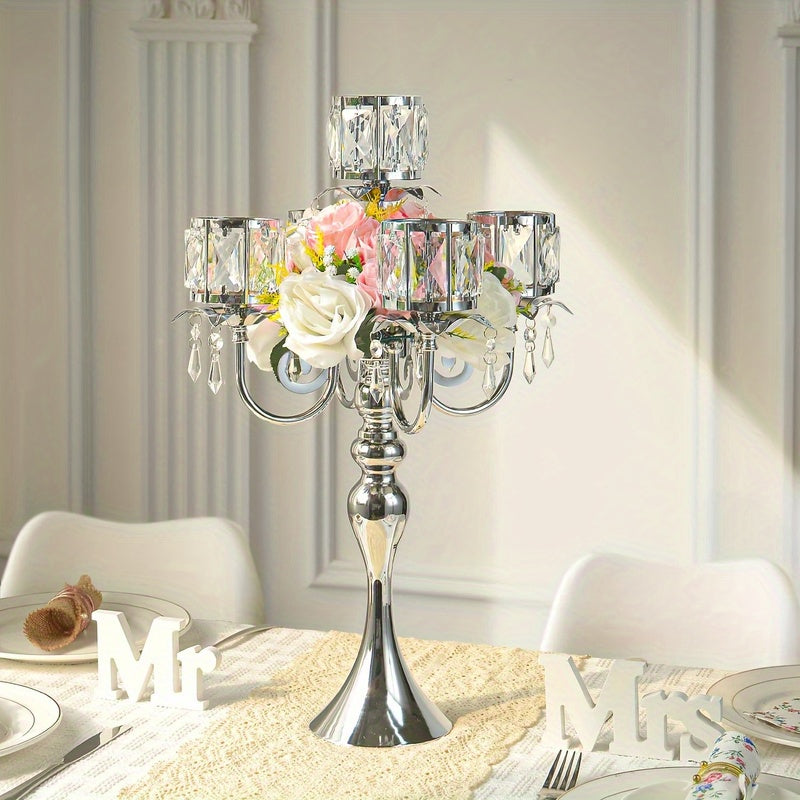 Elegant 5-Bar 22-Inch Metal Crystal Candle Holder Centerpiece with Sparkling Pendants - Luxury Tabletop Decor for Weddings, Christmas, Parties & Home Decoration