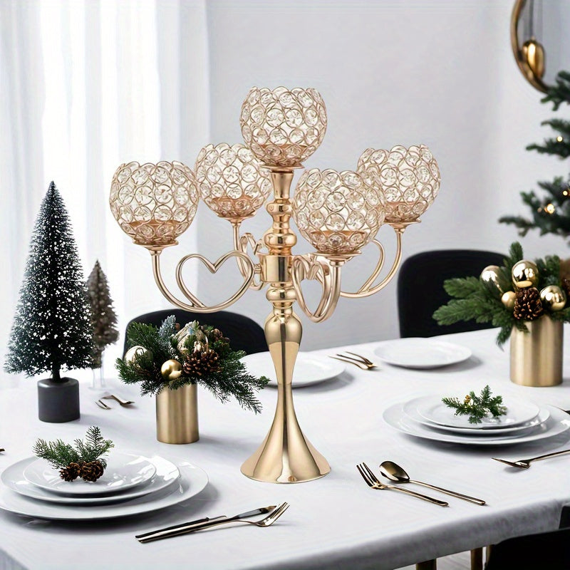 1pc Elegant 5-Arm Metal Candle Holder with Heart Design - Romantic Golden & Silver Finish, Perfect for Weddings, Christmas, Graduations, Birthdays