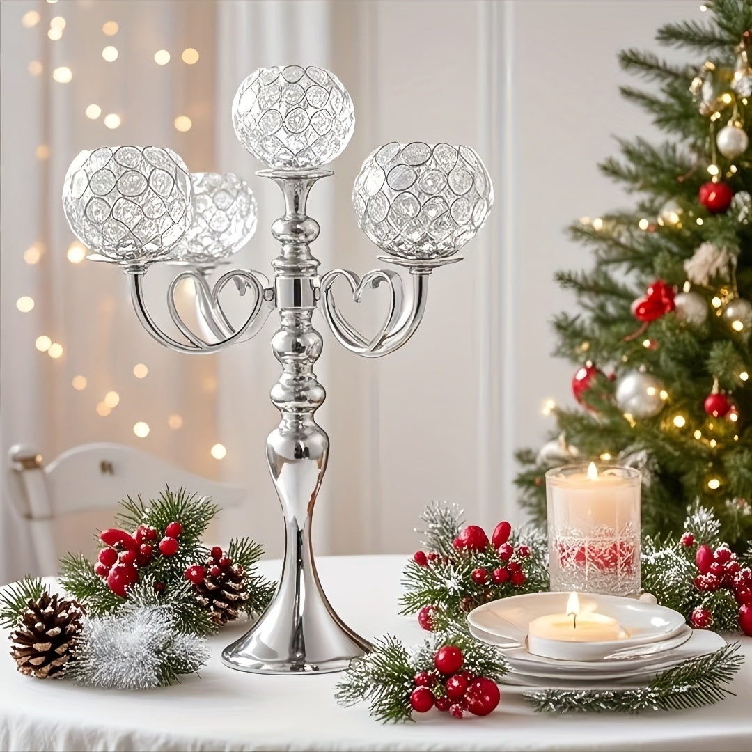 1pc Elegant 5-Arm Metal Candle Holder with Heart Design - Romantic Golden & Silver Finish, Perfect for Weddings, Christmas, Graduations, Birthdays