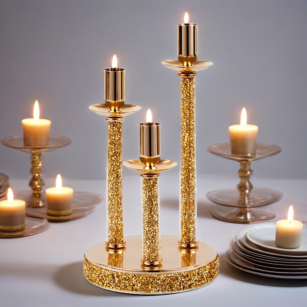 Luxury 3-Arm Metal Candle Holder with Golden Glitter Accents - Oil-Rubbed Finish Tabletop Decor