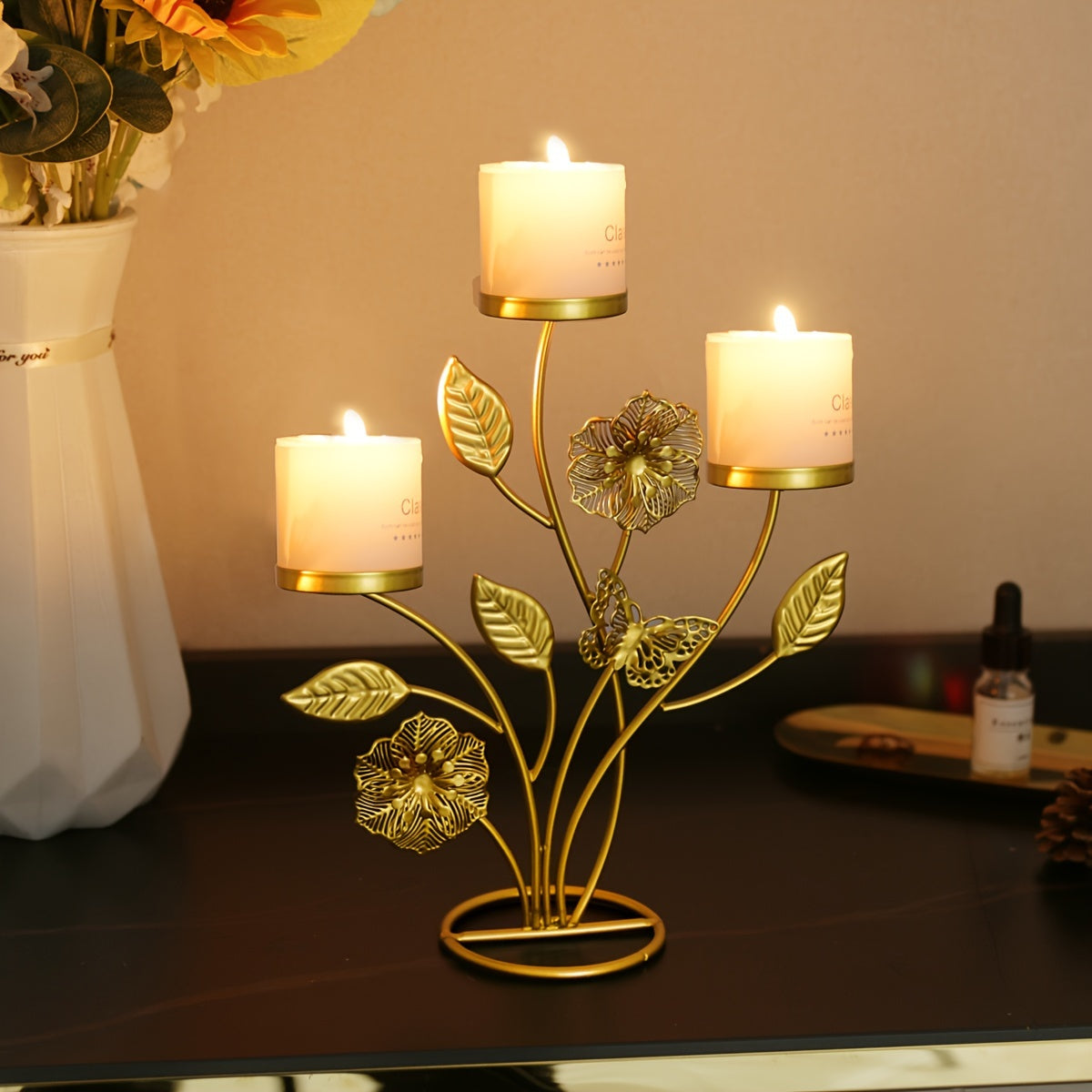1pc Elegant Golden Metal Candle Holder, Creative Tabletop Decorative Candle Stand for Home, Dining