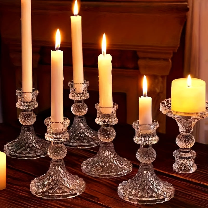 6pcs Elegant Polished Crystal Glass Candle Holders - Modern Tabletop Decor for Dining Room, Elegant Small Candle Holders with Decorative Accents, Candle Holders for Home Decor
