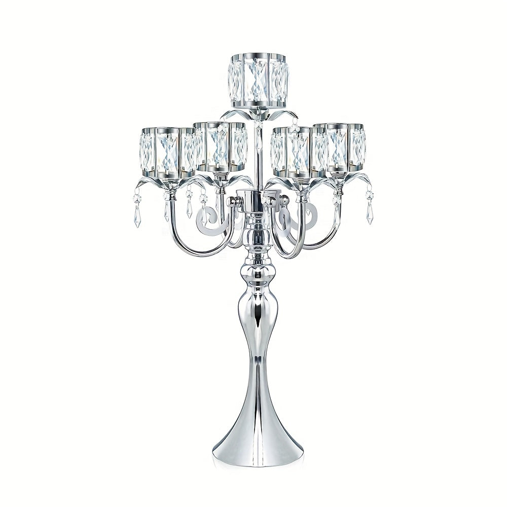 Elegant 5-Bar 22-Inch Metal Crystal Candle Holder Centerpiece with Sparkling Pendants - Luxury Tabletop Decor for Weddings, Christmas, Parties & Home Decoration