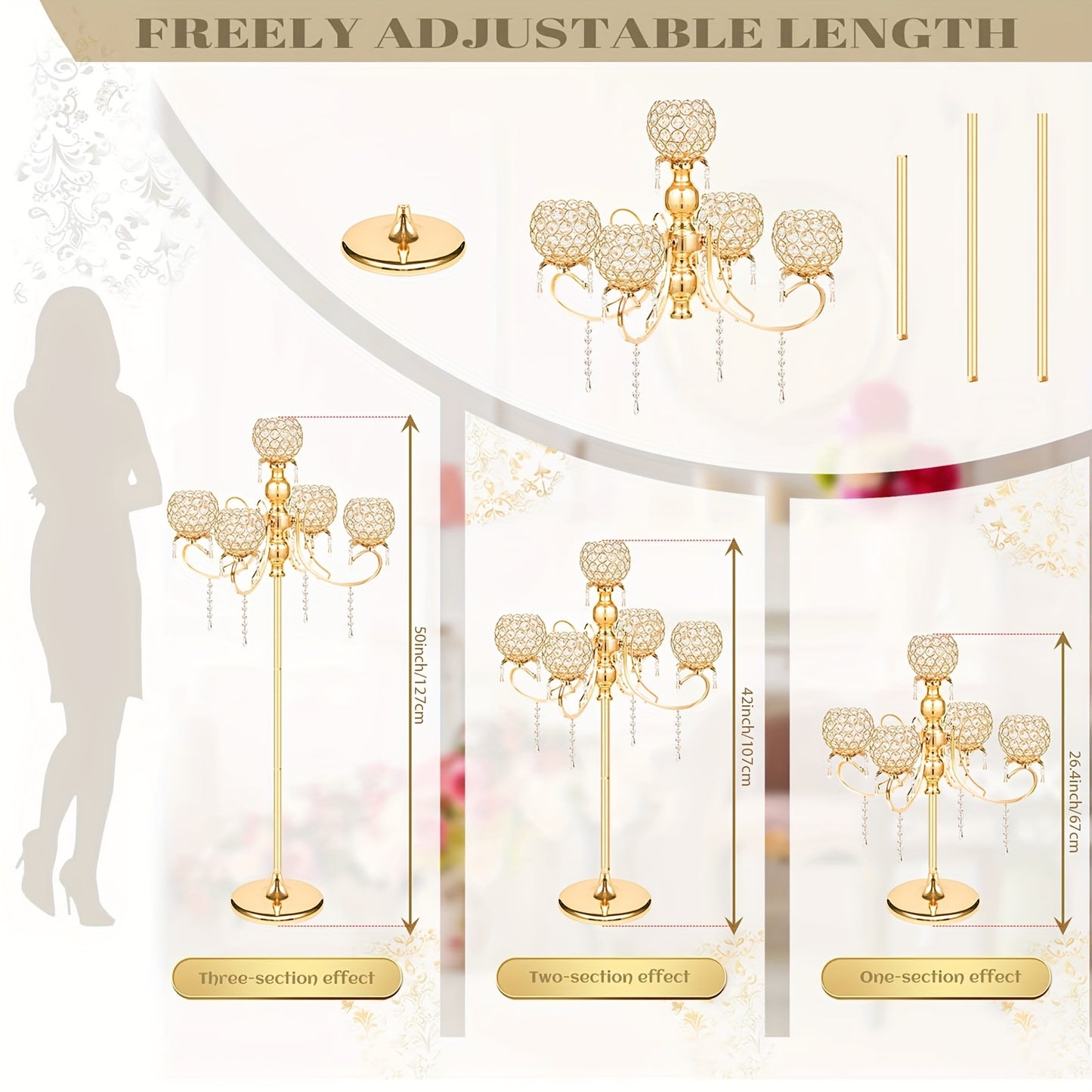 1pc 127.0cm Adjustable Height Metal Crystal Tealight Candlestick Holder with Crystal Bowl Accents & Pendants