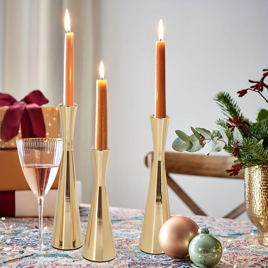 3pcs Elegant Golden Cone Candle Holder Set - Vintage Style Metal, Polished Finish for Weddings, Dinners & Holidays