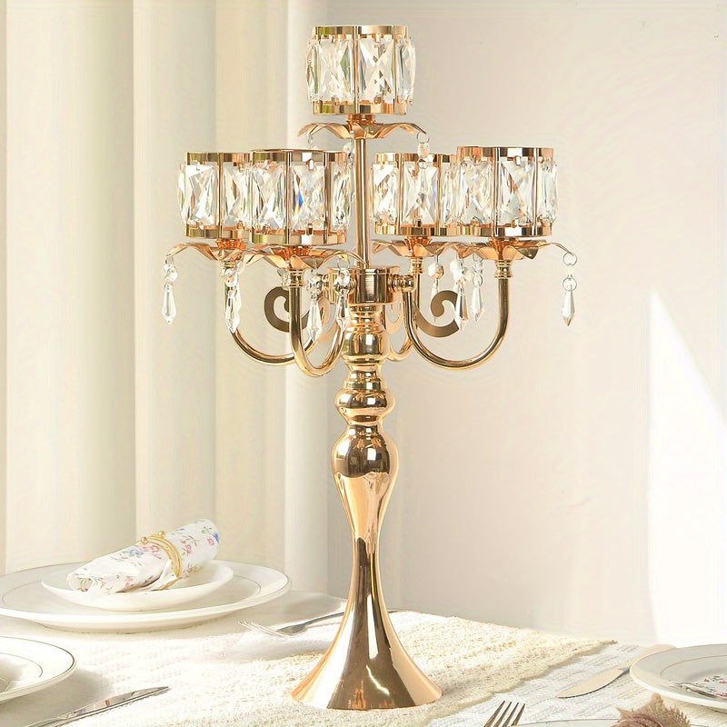 Elegant 5-Bar 22-Inch Metal Crystal Candle Holder Centerpiece with Sparkling Pendants - Luxury Tabletop Decor for Weddings, Christmas, Parties & Home Decoration