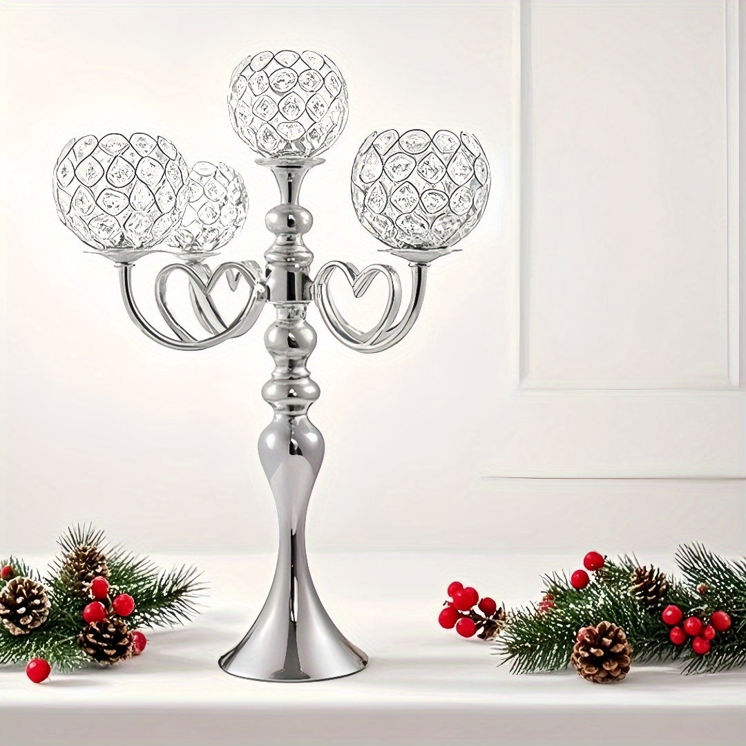 1pc Elegant 5-Arm Metal Candle Holder with Heart Design - Romantic Golden & Silver Finish, Perfect for Weddings, Christmas, Graduations, Birthdays