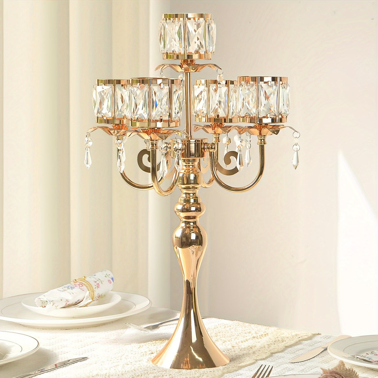 Elegant 5-Bar 22-Inch Metal Crystal Candle Holder Centerpiece with Sparkling Pendants - Luxury Tabletop Decor for Weddings, Christmas, Parties & Home Decoration