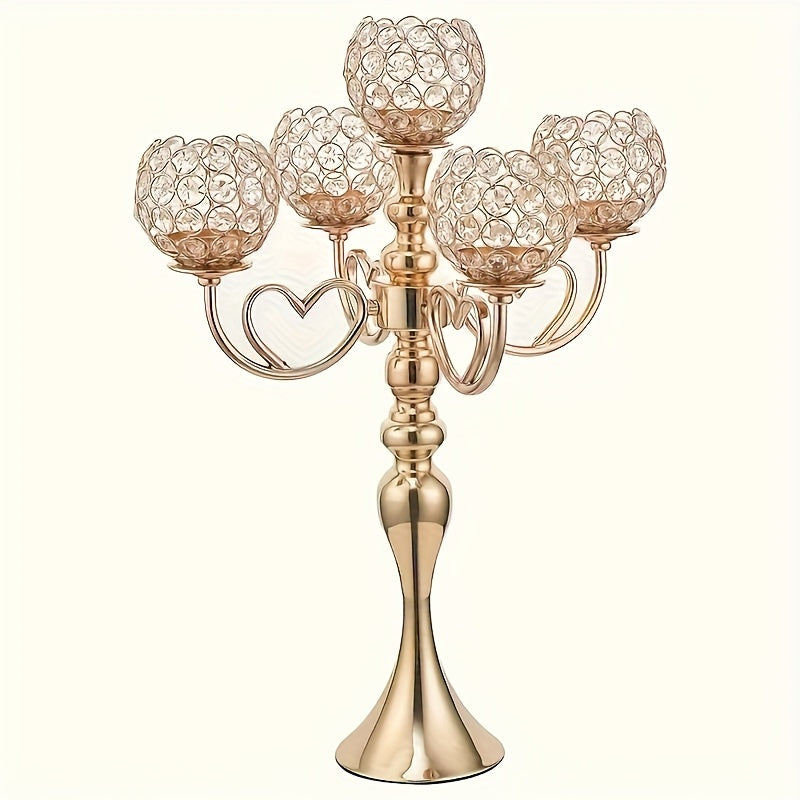 1pc Elegant 5-Arm Metal Candle Holder with Heart Design - Romantic Golden & Silver Finish, Perfect for Weddings, Christmas, Graduations, Birthdays