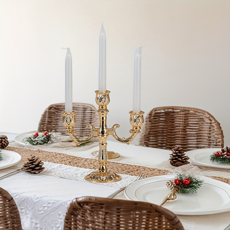 Golden Luxury Candle Holder, Elegant 3-Arm European Cone-Shaped Candelabra for Home Dining Table, Wedding Centerpiece, Christmas Gift (Candles Not Included)