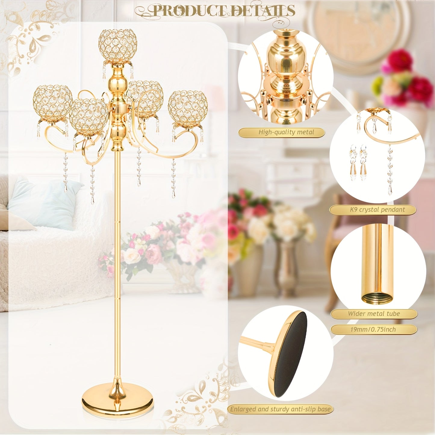 1pc 127.0cm Adjustable Height Metal Crystal Tealight Candlestick Holder with Crystal Bowl Accents & Pendants