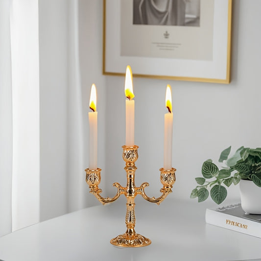 Golden Luxury Candle Holder, Elegant 3-Arm European Cone-Shaped Candelabra for Home Dining Table, Wedding Centerpiece, Christmas Gift (Candles Not Included)