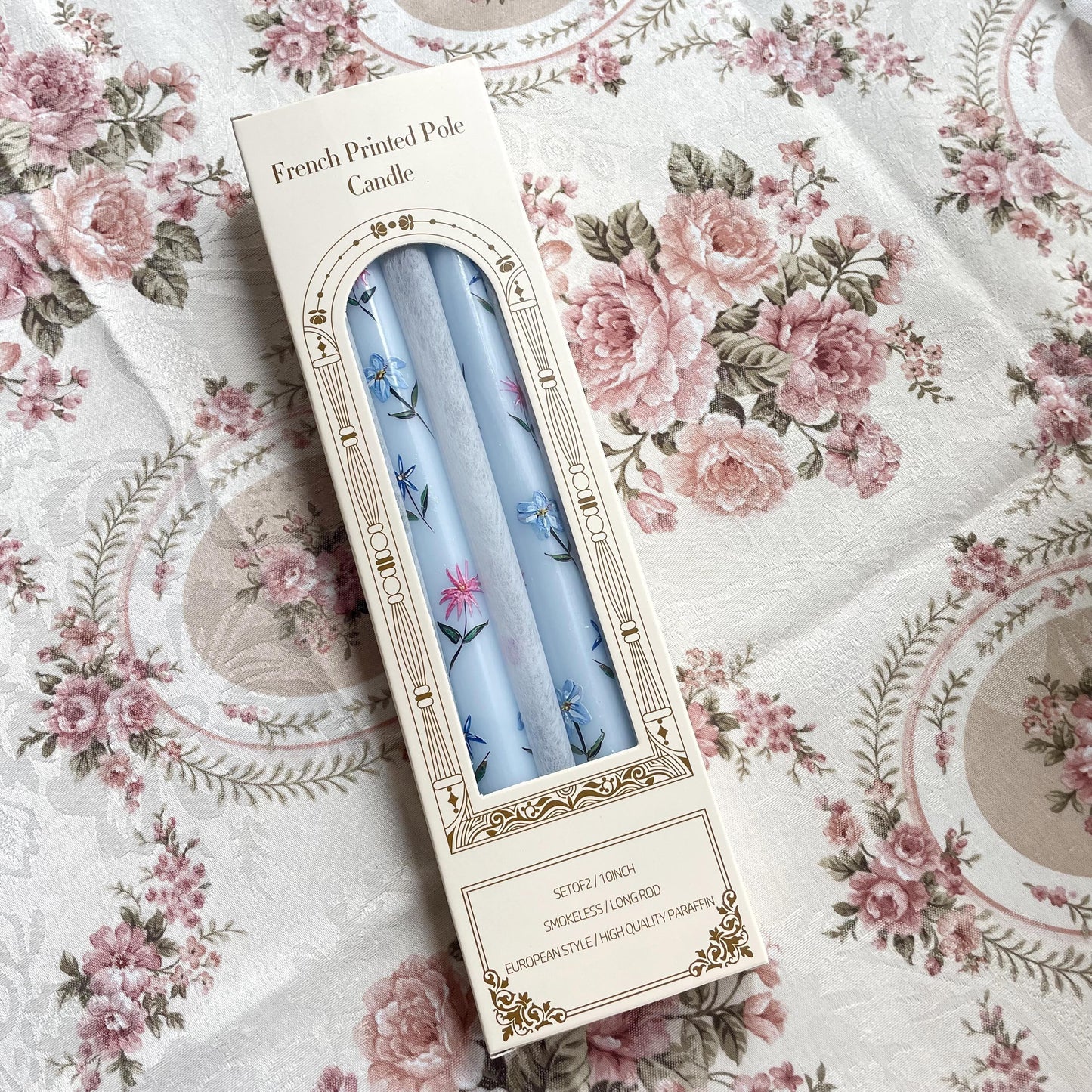 2-Pack 24.99cm European Floral Print Long Candle Sticks, Smokeless Wax Candles for Romantic Dinner, Wedding, Holiday, Birthday, Home Decor, Round with Sparkle