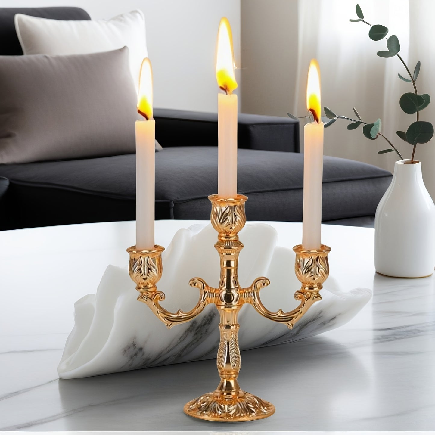 Golden Luxury Candle Holder, Elegant 3-Arm European Cone-Shaped Candelabra for Home Dining Table, Wedding Centerpiece, Christmas Gift (Candles Not Included)