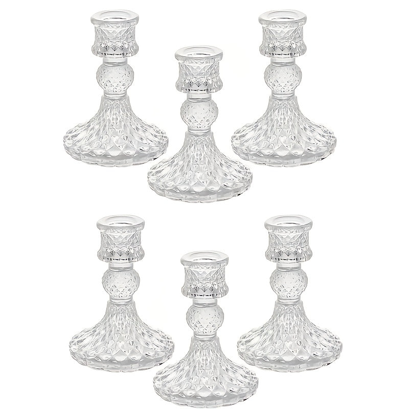 6pcs Elegant Polished Crystal Glass Candle Holders - Modern Tabletop Decor for Dining Room, Elegant Small Candle Holders with Decorative Accents, Candle Holders for Home Decor