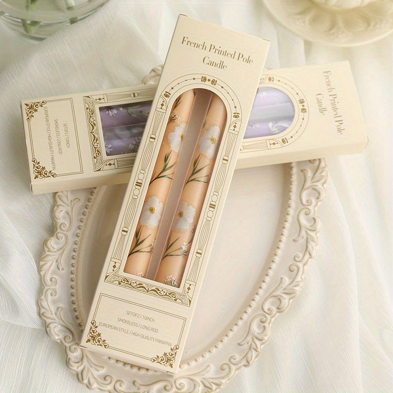 2-Pack 24.99cm European Floral Print Long Candle Sticks, Smokeless Wax Candles for Romantic Dinner, Wedding, Holiday, Birthday, Home Decor, Round with Sparkle