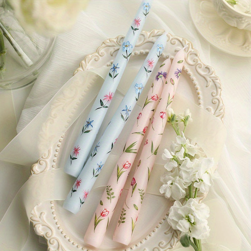 2-Pack 24.99cm European Floral Print Long Candle Sticks, Smokeless Wax Candles for Romantic Dinner, Wedding, Holiday, Birthday, Home Decor, Round with Sparkle