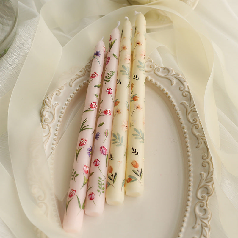 2-Pack 24.99cm European Floral Print Long Candle Sticks, Smokeless Wax Candles for Romantic Dinner, Wedding, Holiday, Birthday, Home Decor, Round with Sparkle