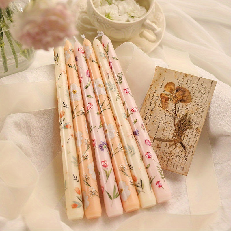 2-Pack 24.99cm European Floral Print Long Candle Sticks, Smokeless Wax Candles for Romantic Dinner, Wedding, Holiday, Birthday, Home Decor, Round with Sparkle