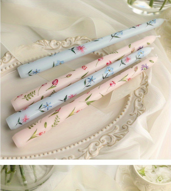 2-Pack 24.99cm European Floral Print Long Candle Sticks, Smokeless Wax Candles for Romantic Dinner, Wedding, Holiday, Birthday, Home Decor, Round with Sparkle
