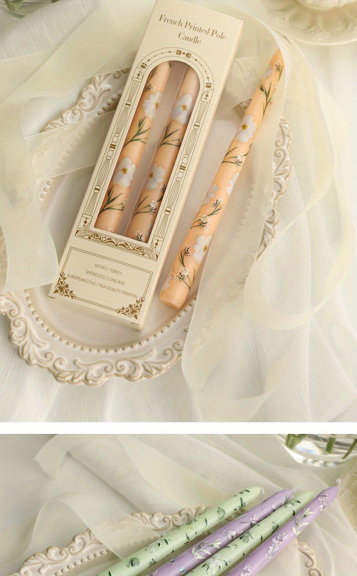 2-Pack 24.99cm European Floral Print Long Candle Sticks, Smokeless Wax Candles for Romantic Dinner, Wedding, Holiday, Birthday, Home Decor, Round with Sparkle