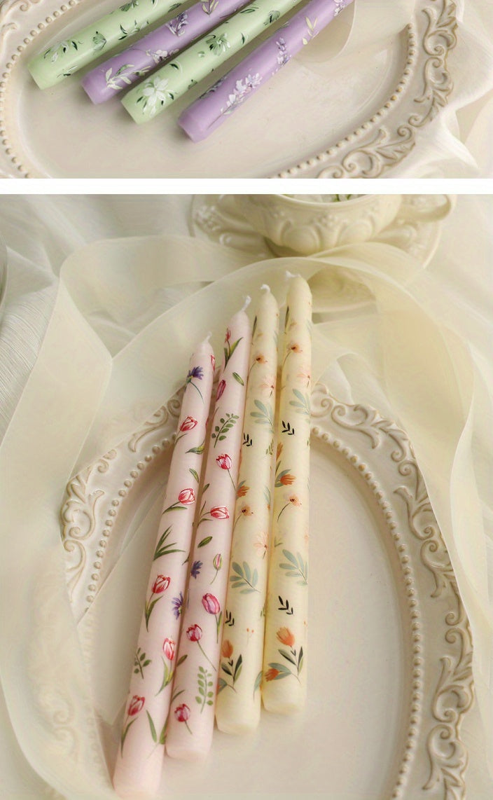 2-Pack 24.99cm European Floral Print Long Candle Sticks, Smokeless Wax Candles for Romantic Dinner, Wedding, Holiday, Birthday, Home Decor, Round with Sparkle