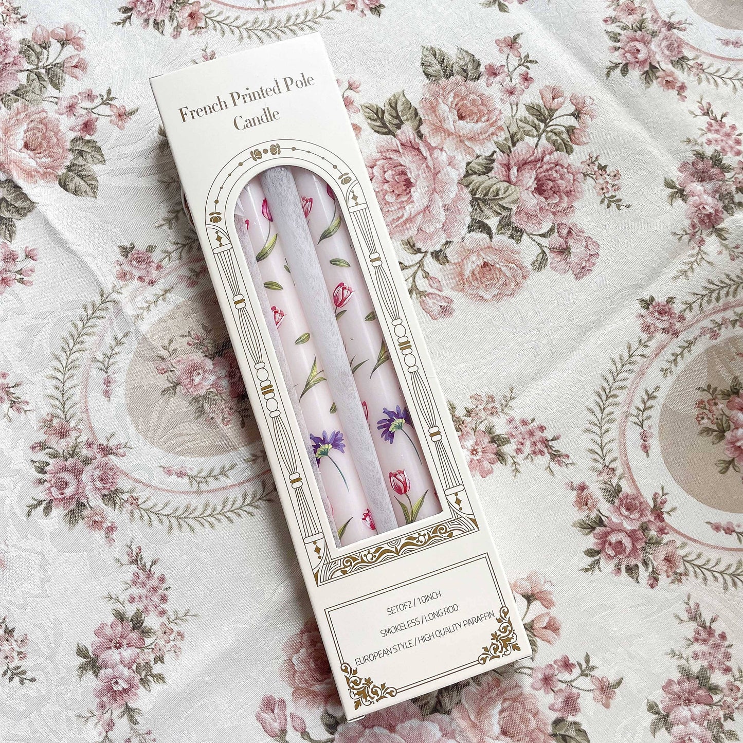 2-Pack 24.99cm European Floral Print Long Candle Sticks, Smokeless Wax Candles for Romantic Dinner, Wedding, Holiday, Birthday, Home Decor, Round with Sparkle