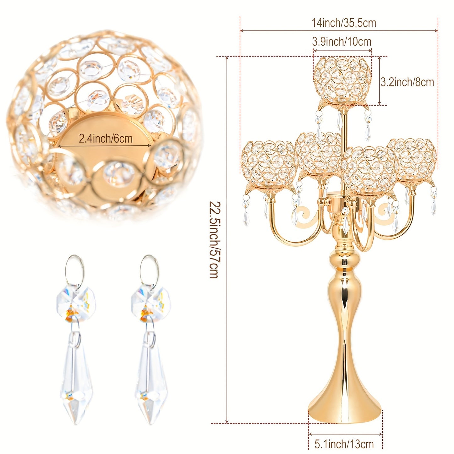 1pc/2pcs 5-arm Golden/Silvery Crystal Candle Holder, Wedding Centerpiece Decoration 22.5-inch Center Candlestick Table Top Candle Holder