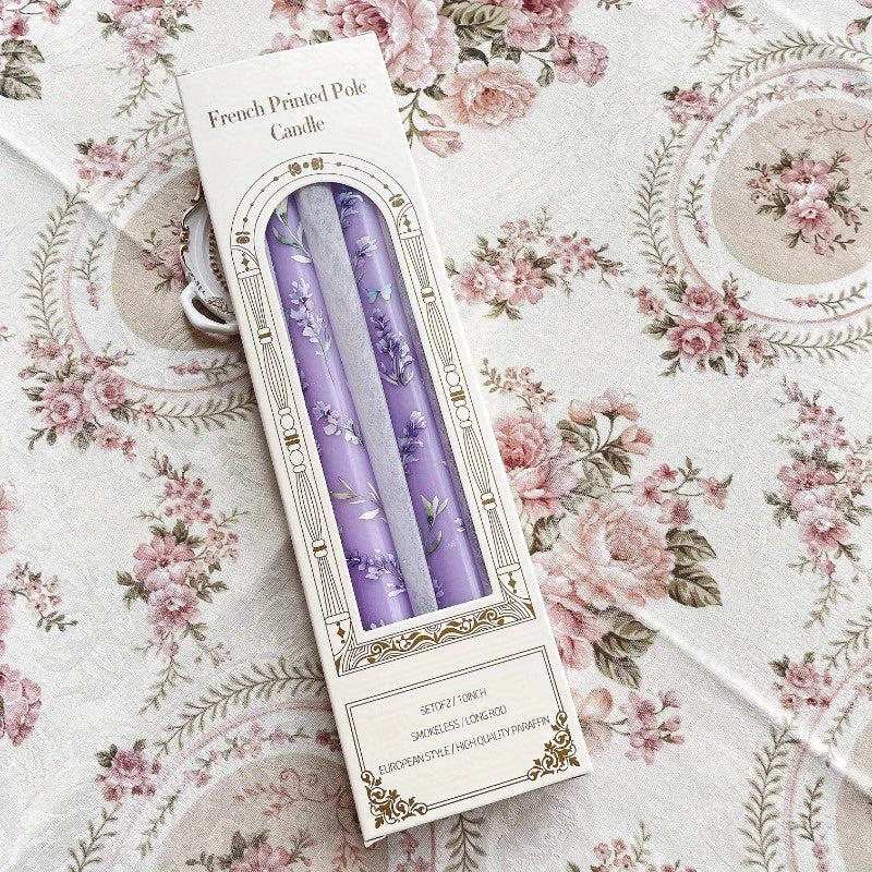 2-Pack 24.99cm European Floral Print Long Candle Sticks, Smokeless Wax Candles for Romantic Dinner, Wedding, Holiday, Birthday, Home Decor, Round with Sparkle
