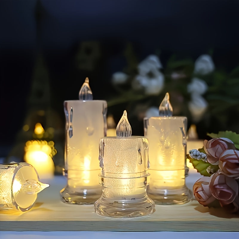 4pcs Realistic Flickering LED Flameless Candles with Battery - Transparent Gap Column Design, Safe Plastic for Family Dinners, Weddings, Holidays