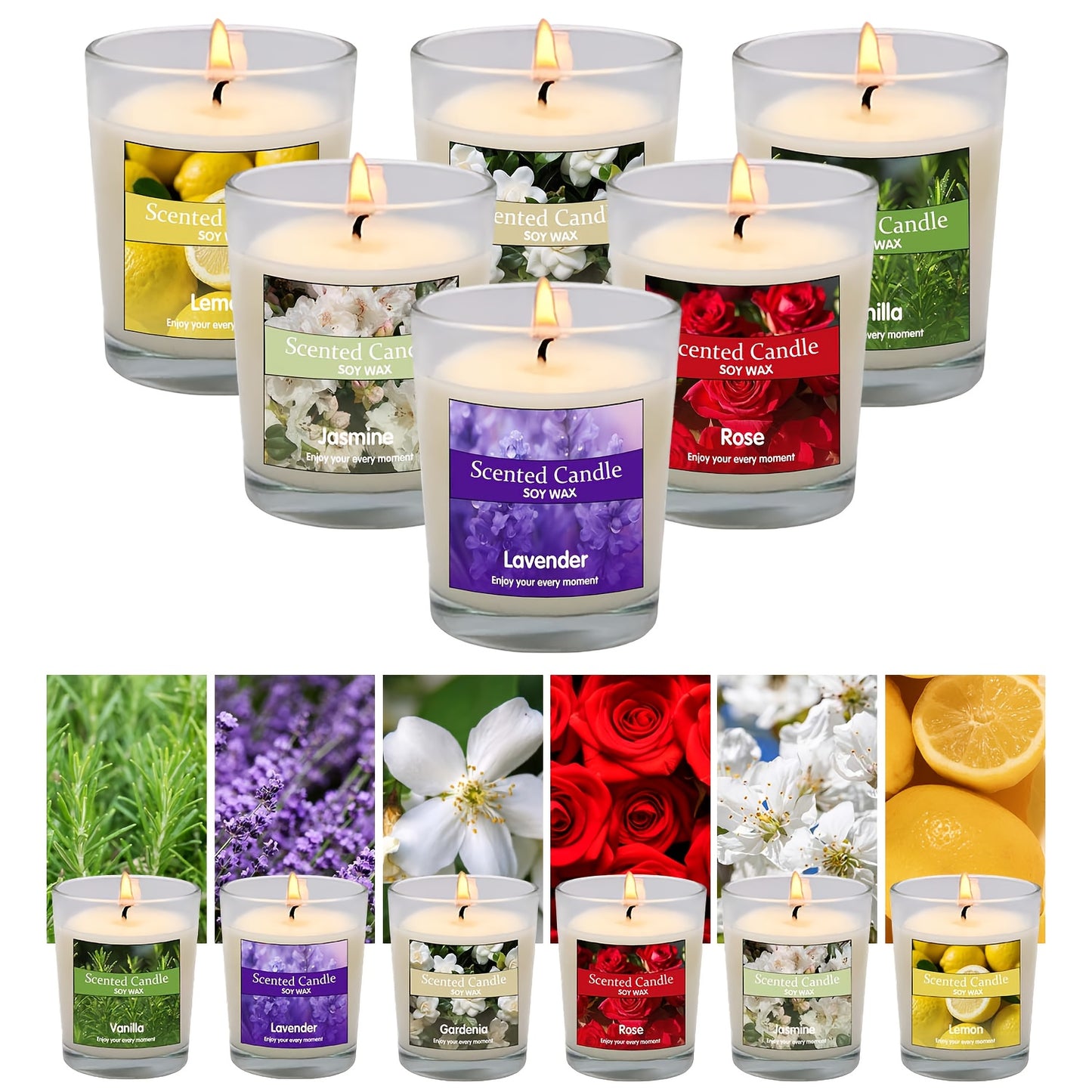 Luxury Soy Wax Aromatherapy Candle Set with six soothing fragrances—Jasmine, Lavender, Vanilla, Gardenia, Lemon, and Rose. Long-lasting 120-hour burn time, perfect for home scenting and elegant gifting for women and men on special occasions.