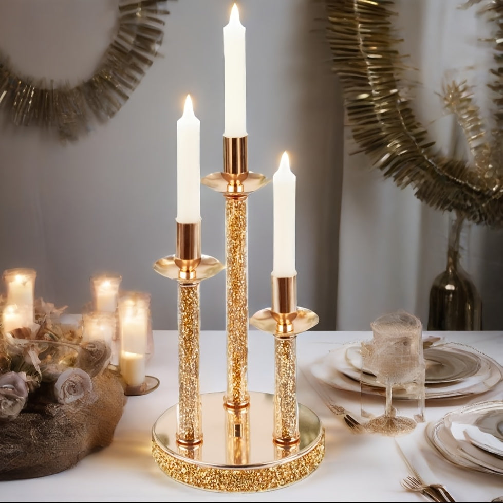 Luxury 3-Arm Metal Candle Holder with Golden Glitter Accents - Oil-Rubbed Finish Tabletop Decor