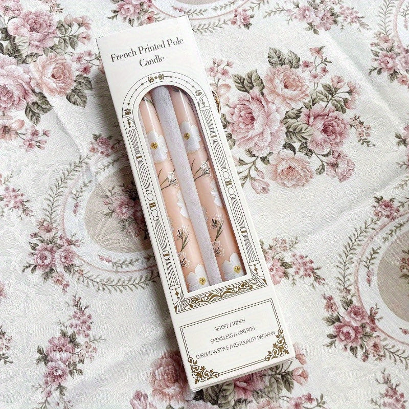 2-Pack 24.99cm European Floral Print Long Candle Sticks, Smokeless Wax Candles for Romantic Dinner, Wedding, Holiday, Birthday, Home Decor, Round with Sparkle